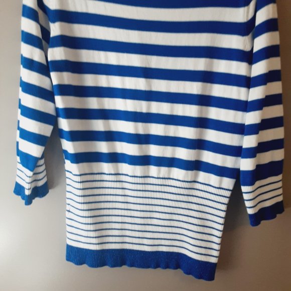 Belldini Striped Cardigan, V-neck, 3/4 Sleeve, Royal Blue & White | Medium - Picture 10 of 14